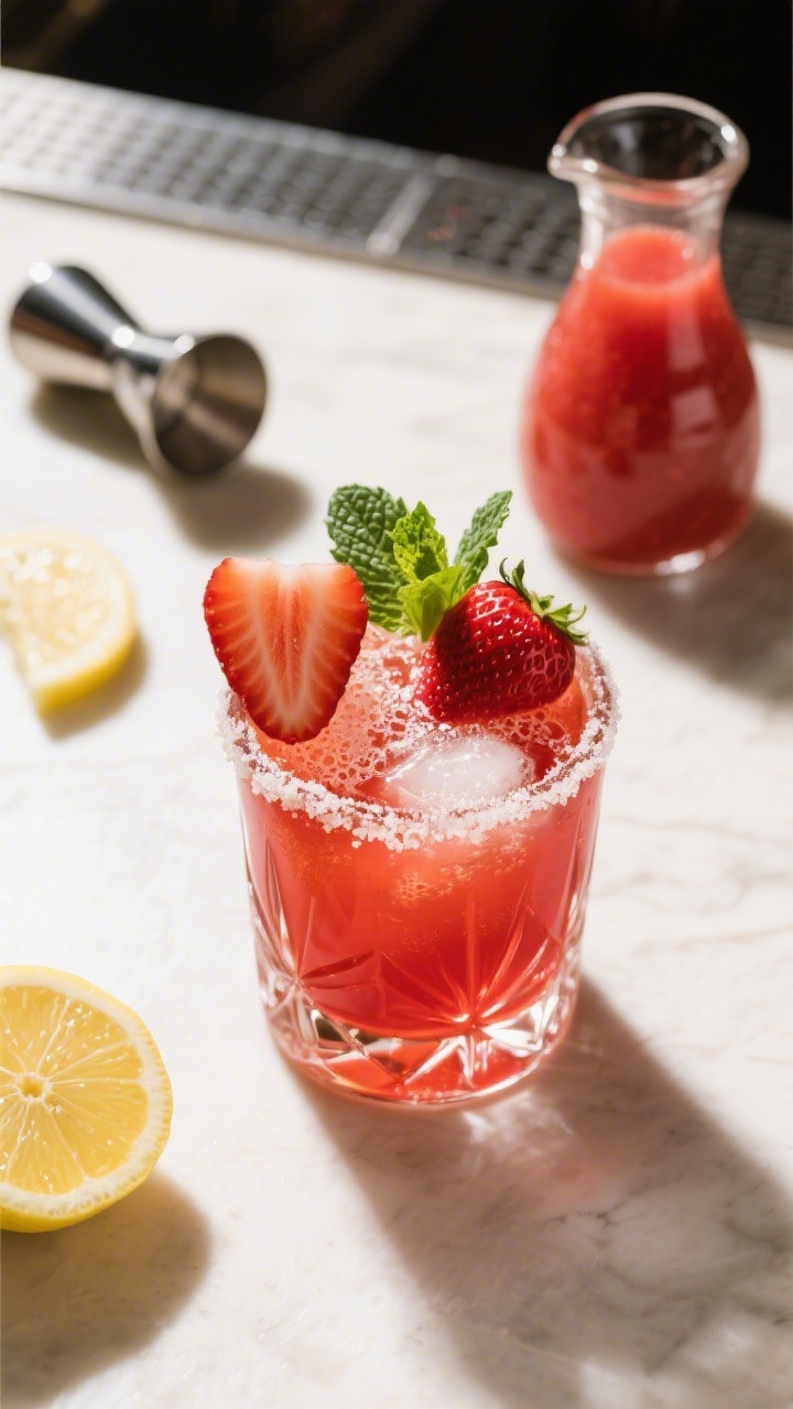 Tasty top view: Overhead shot of the finished Strawberry Henny in a rocks glass with a sugared rim, 