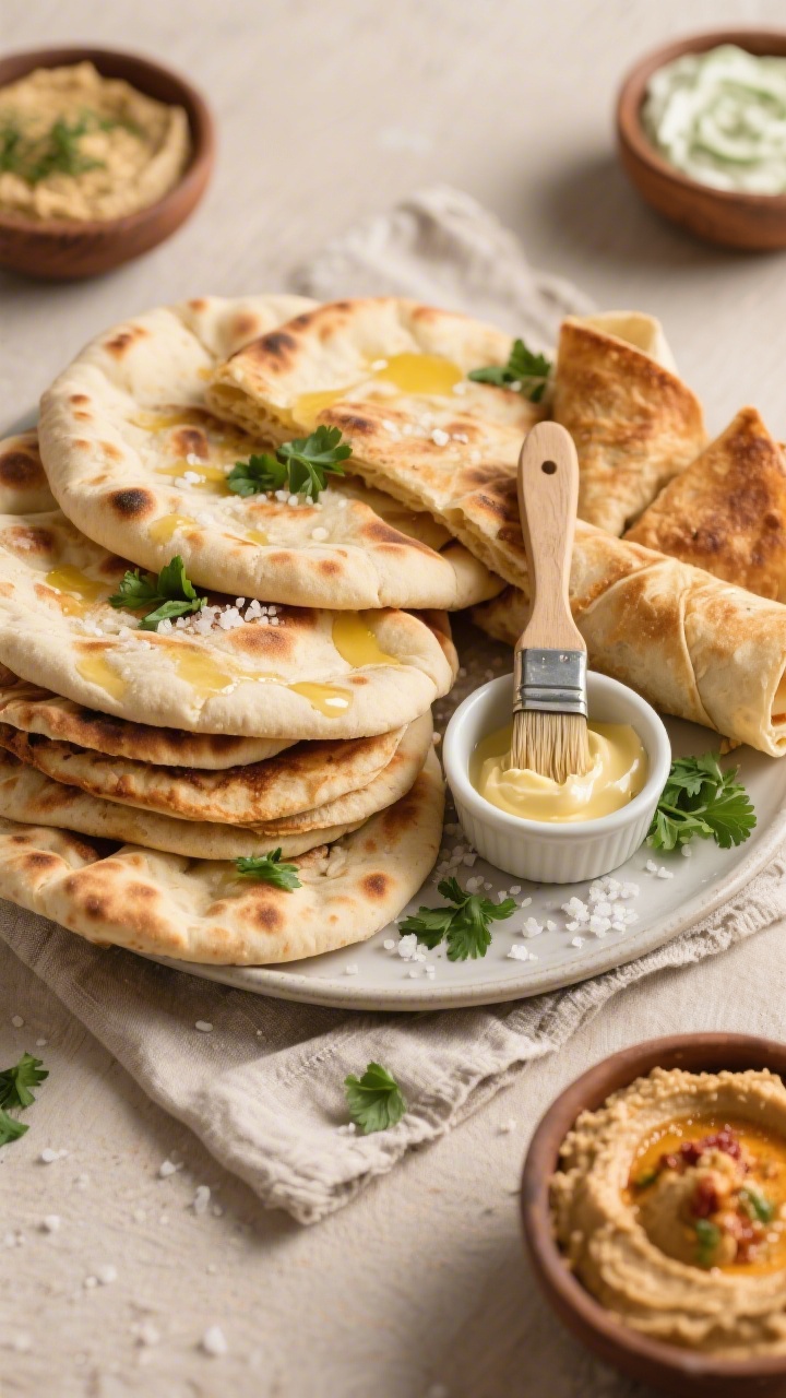 Tasty top view, variety platter: Overhead shot of a warm stack of mixed flat breads—pita-style poc